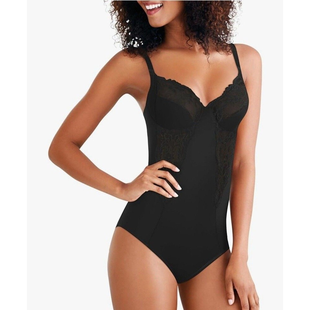 Maidenform 1456 Flexees 40D Lace Bodybriefer Built-In Bra Firm Body Shaper Black